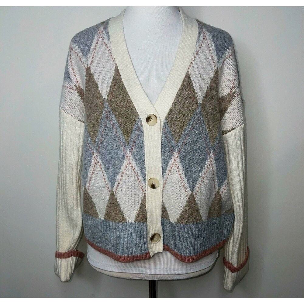 Rachel Zoe Women Cardigan Light Academia Preppy Y2K Argyle Size L Sweater V Neck
